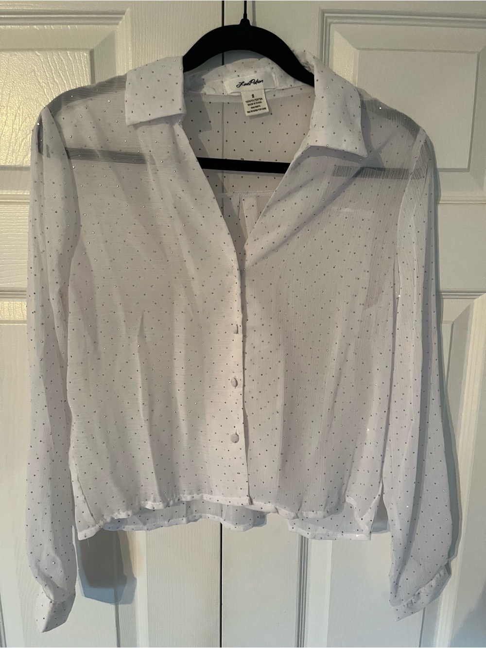 White Sheer Sparkle Rhinestone Button Up Blouse Size S